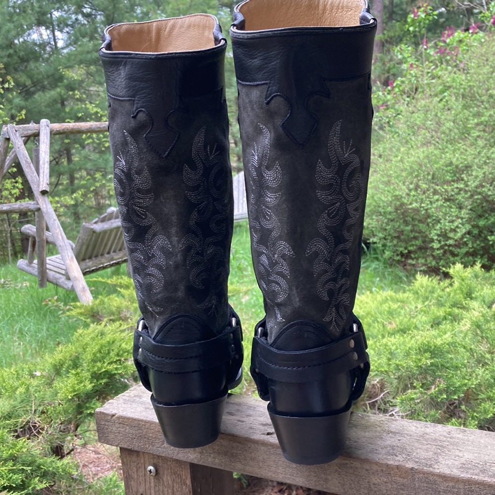 FRYE Boots LILY HARNESS Leather Suede Black Gray Embroidered Western Size 7.5 - Picture 10 of 13
